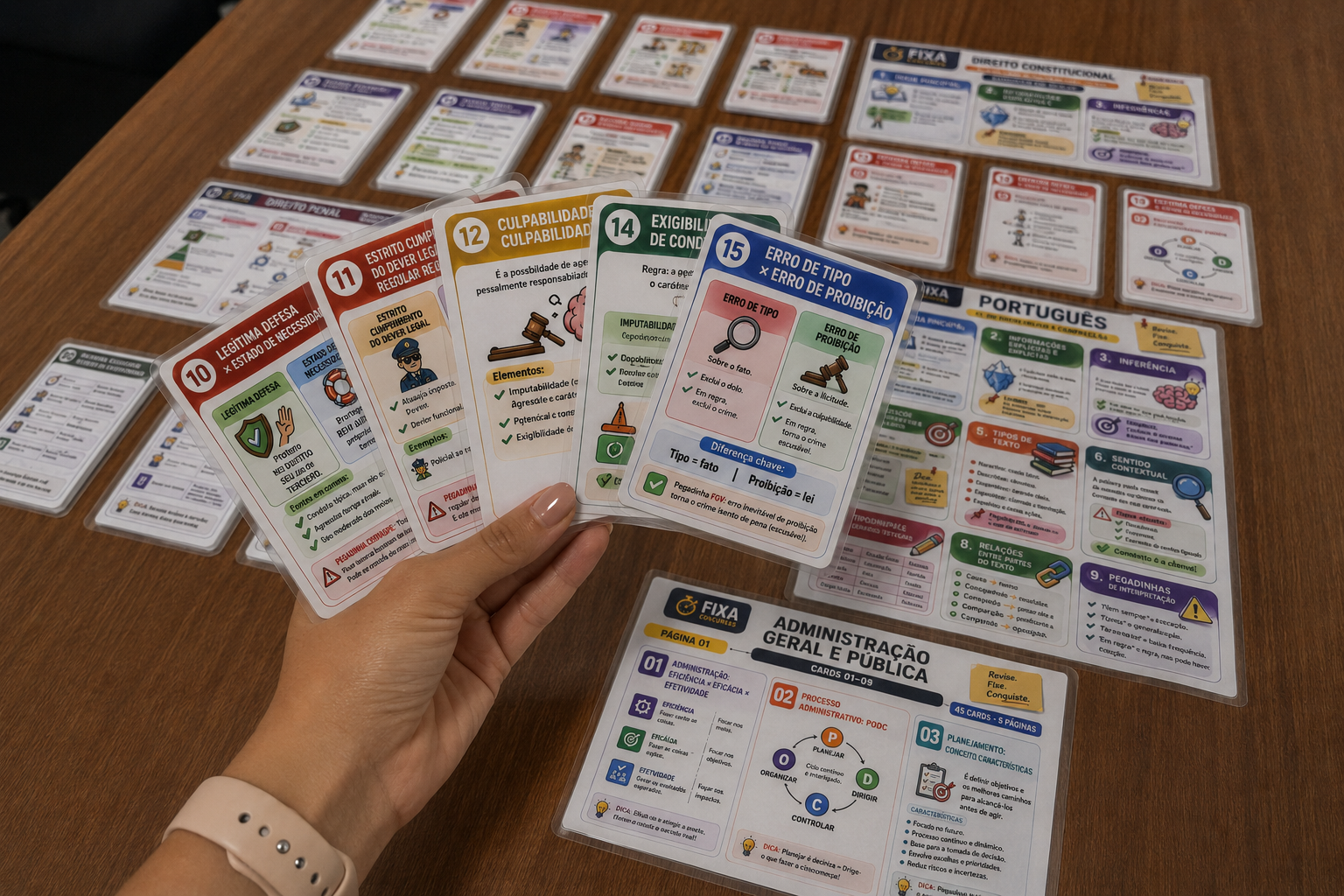 Mão segurando flashcards de Direito Penal e Direito Constitucional