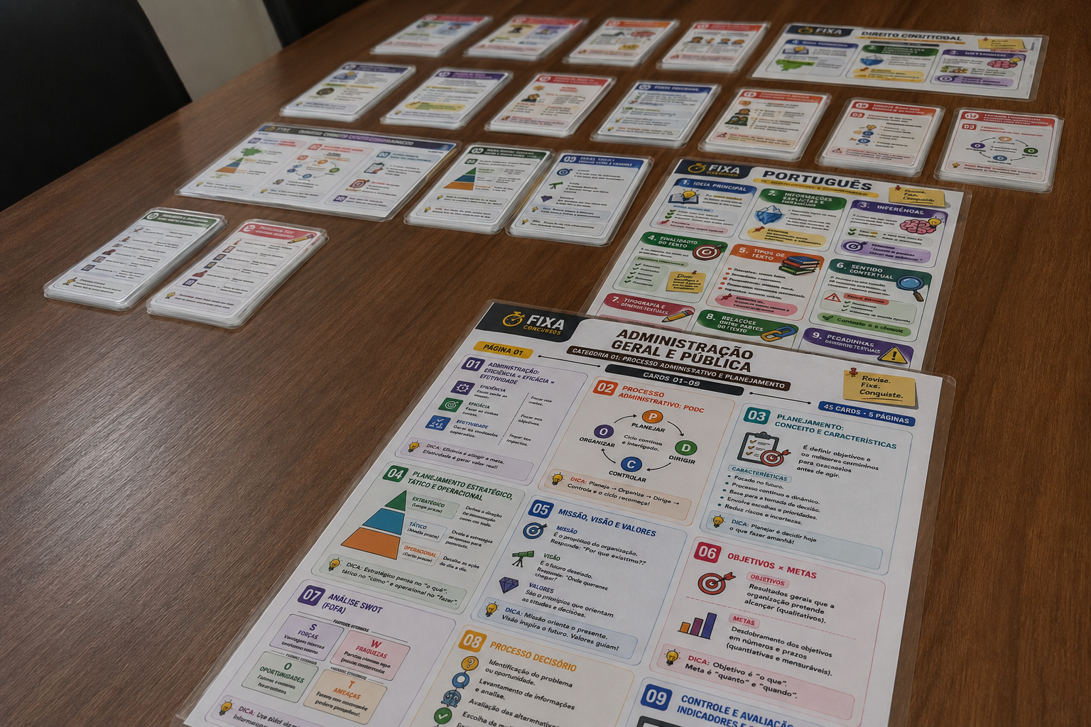 Vários flashcards Fixa Concursos espalhados sobre a mesa